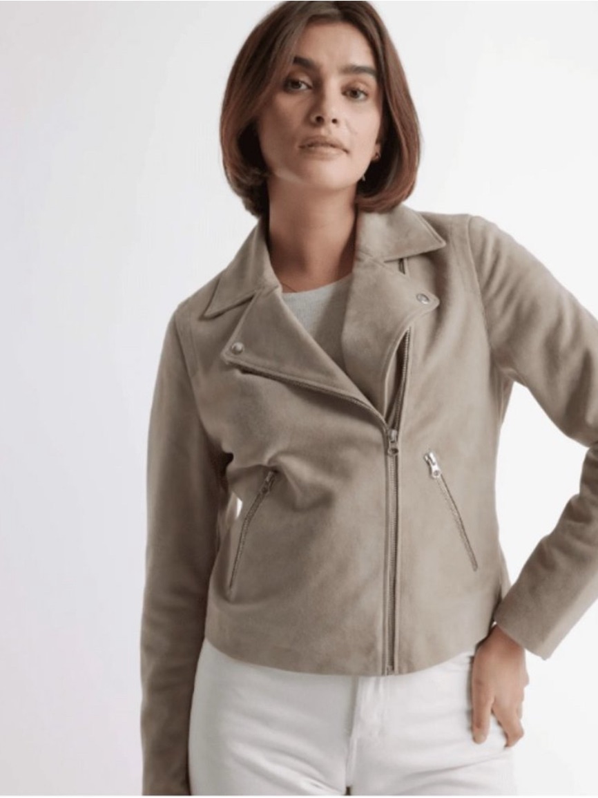 Quince Suade Goat Leather Jacket Small Grey Sand Biker Side Zip Jacket